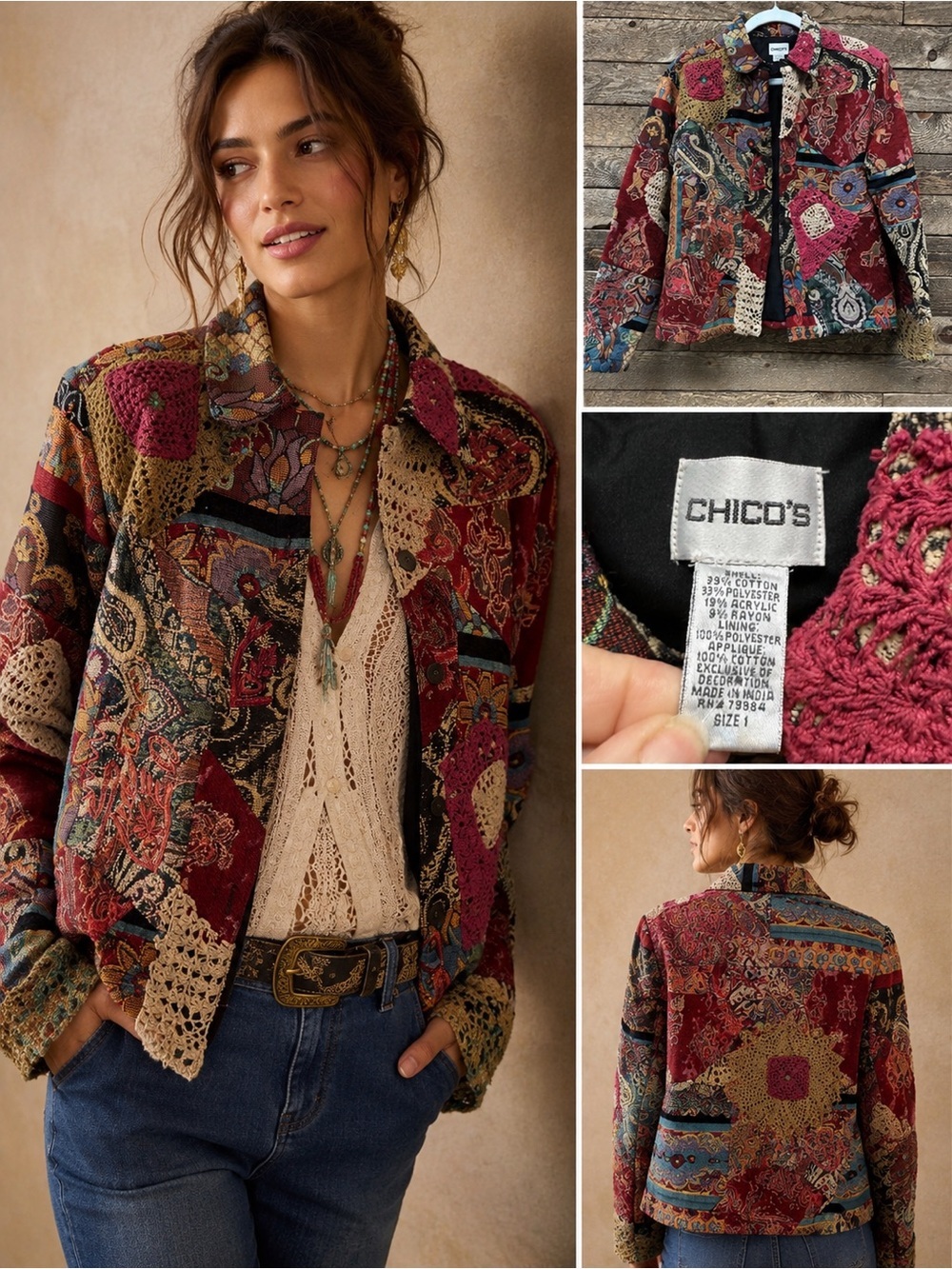 Chico's Multicolor Patchwork Button-Up Jacket with Crochet Accent Size Med